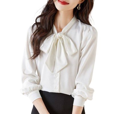 เสื้อมีโบว์หลวมสำหรับผู้หญิงเสื้อเสื้อชิฟองสีขาวสไตล์เกาหลีปลอกแขนโคมไฟลำลอง