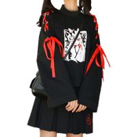 Spring Japanese Cartoon Fox Girl Print Hoodie Harajuku Women Gothic Ribbon Lace Up Flare Sleeve Kawaii Thin Pullover Sweatshirt