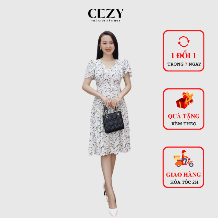 Đầm xòe hoa cổ v tay cánh tiên có size bigsize Cezy D37 | Lazada.vn