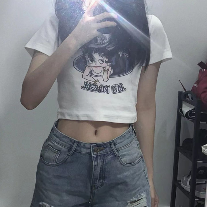 Casual Simple Style Crop Tops for Women Short Sleeve Short T-Shirt Cartoon  Characters Printed Round Neck Slim-Fit Tee Shirt | Lazada