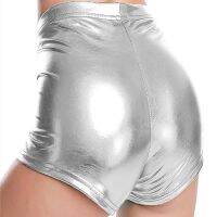 【Feb】 Adult Silver Metallic Shorts Rave Booty Shorts Mid Waist Cheer Shorts Shiny Dance Woman Shorts Sexy