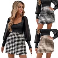 [COD] cross-border womens hot new sexy high waist A-line houndstooth short