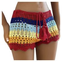 【CC】 New Hot Knit Crochet Shorts Drawstring Contrast Color Stitching Hollow Pants Beach