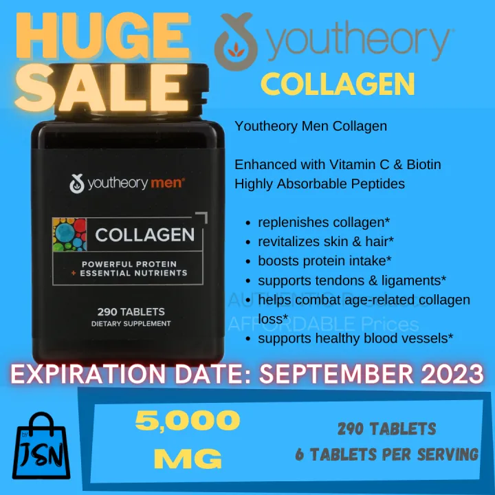 JSN] Youtheory, Collagen with Biotin for Men 5000 mg, Powerful Protein + Essential  Nutrients, 290 Tablets,
