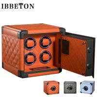 IBBETON Luxury Leather Mini Watch Winder Safe Box Orange Black Watch Storage Box 4 Slots Touch Screen With Atmosphere Lamp