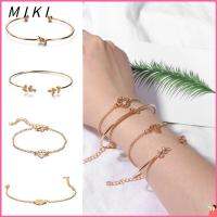 MIKI 4ชิ้น/เซ็ตโบฮีเมียนโซ่กลมเปิดสร้อยข้อมือหนังกำไลใบไม้สร้อยข้อมือโบว์ชุบทอง