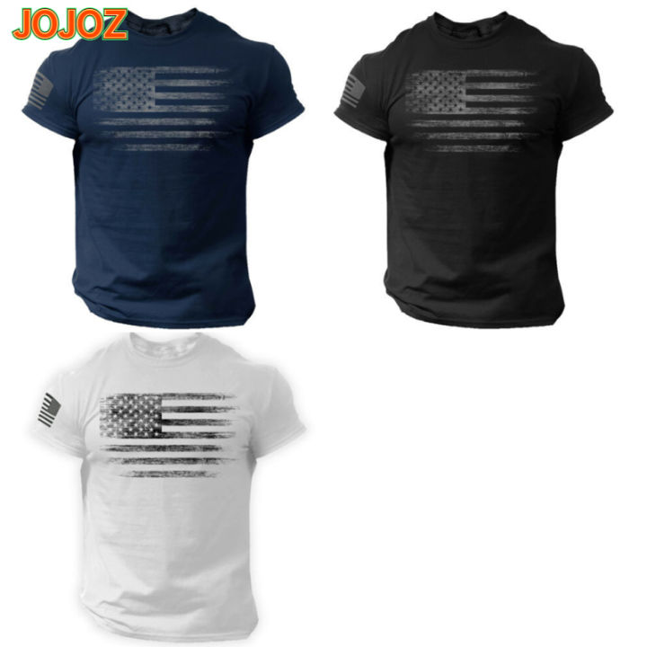 jojoz-เสื้อยืดผู้ชาย-เสื้อยืดแขนแขนสั้นคอกลมลำลองแฟชั่น-baju-atasan-olahraga-พิมพ์ลายธงชาติอเมริกา