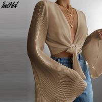 Spring Flare Long Sleeve Beach Shirts Blouse Solid y Deep V Neck Women Shirt Blusas Summer Tie-Up Hollow Out Tops Streetwear