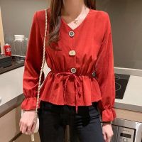 [weabby] Baju Fashion loral Blouse Korean Chiffon Casual Print V Neck Puff Long Sleeve Tops kemeja perempuan