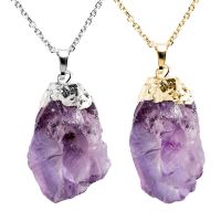 Purple Crystal Irregular Unpolished Raw Stone Pendant Necklace for Women Riki Healing Jewelry