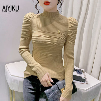 AIYIKU Thickened half high neck sweater womens 2023 autumn and winter new style bubble sleeve knitwear slim bottomed long sleeve shirt