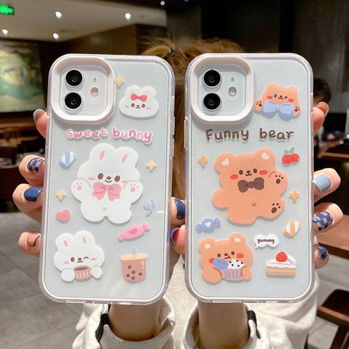 สำหรับ-เคส-iphone-14-13-12-เคสคู่รักน่ารักสำหรับ-7-8-xr-xs-x-6-6s-se3-se2-ปลอกการ์ตูนหมีกระต่ายน่ารักเกราะกันกระแทก-กรอบใส