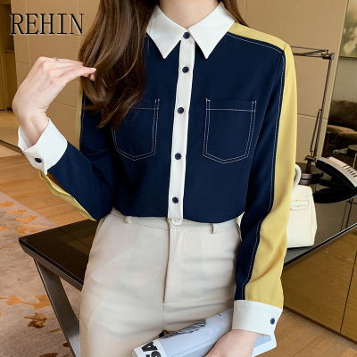 REHIN เสื้อเชิ้ตผู้หญิงผ้าชีฟองใหม่แฟชั่นสไตล์เกาหลีทรงหลวม,เสื้อเชิ้ตผู้หญิงแขนยาวช่อง