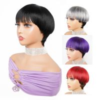 【CW】 Bowl Cut Machine Made Wigs 1B/Grey 1B/Purple 1B  530 1B/Red Human Hair Wig Glueless