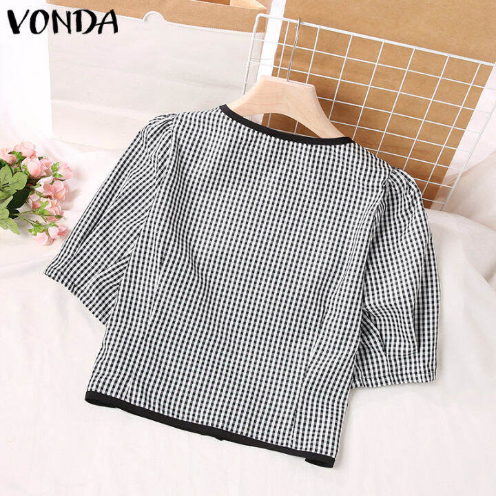 จัดส่งฟรี-fancystyle-vonda-ผู้หญิงเดินทางวินเทจตาข่ายปุ่มลูกเรือคอเสื้ออเนกประสงค์พัฟแขนสั้นเสื้อ-2