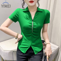 YIMEI เสื้อยืดคอวีมีซิปสำหรับโปโลแขนสั้น,เสื้อยืดคอวีมีซิปเพชรแฟชั่นและเข้ารูปพอดีตัวและเสื้อยืดเด็กผู้หญิงแหวกแนว