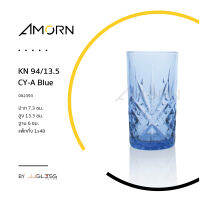 AMORN - KN 94/13.5 CY-A Blue - แก้วน้ำ แฮนด์เมด ทรงกระบอก ลายเจียระไน สีน้ำเงิน ลาย A