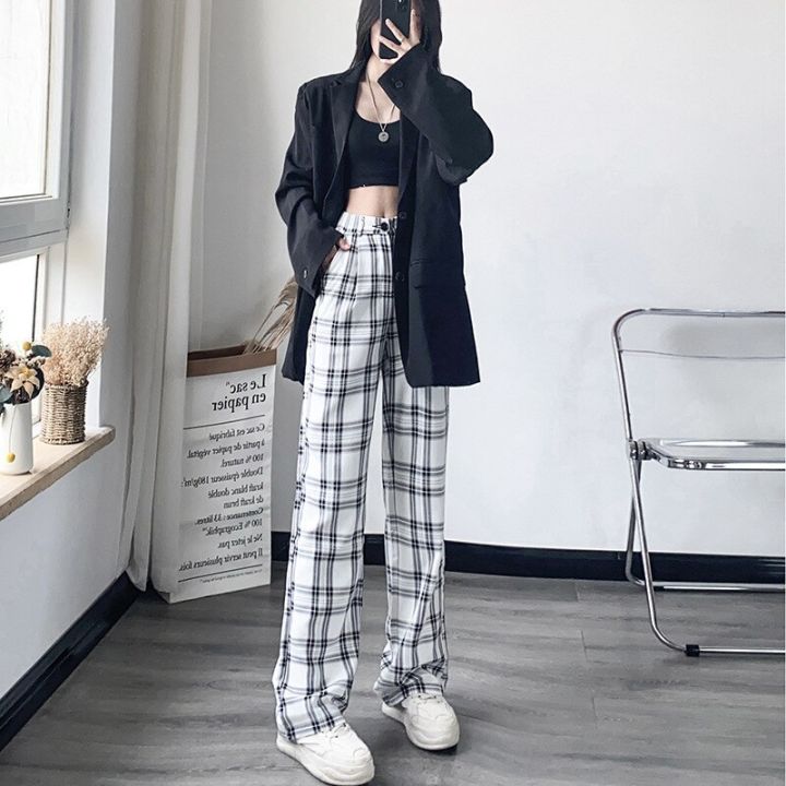 female-chic-women-simply-plaid-pockets-casual-straight-pants-elastic-waist-lace-up-summer-long-trousers