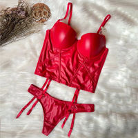 New Imitation Leather Broadside Glossy Bra and Thongs Set Underwear with Garter Push Up Women Lingerie B C D Cup Black Red