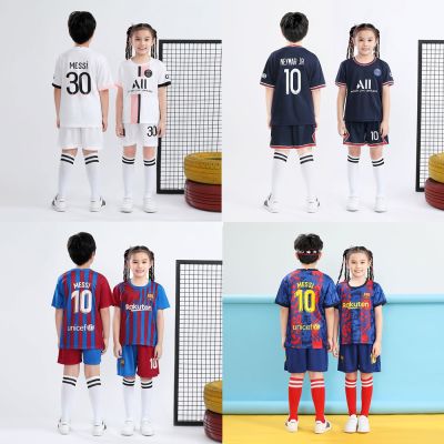 21-22 Season Barcelona Messi Ronaldo Jersey Set Kids Football Soccer Uniform