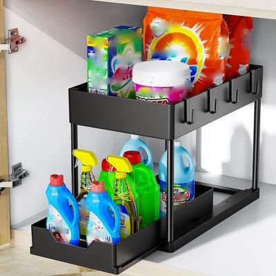 Under Sink Organizers and Storage, 2-Tier Large Capacity Sink Organizer Storage for Bathroom Kitchen with Hooks, Black