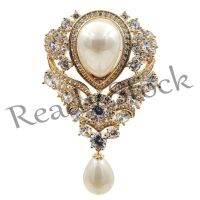 【hot sale】 ☋ B36 Vintage Ribbon Scroll Imitated Pearl Drop Wedding Brooches Gold Tone Pave Floral Teardrop Luxury Bridal Pin Jewelry