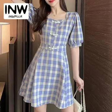 INWPLLR New Fashion Women Dress Checkered Dress Retro Elegant Square Collar  Dress Fashion Ladies Plaid Buttons Long Dresses