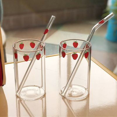 【CW】▤☇㍿  Ins Kawaii Mugs Strawberry Glasses Cup Glass Cups with Straws Juice Gifts for Set