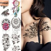 AMEAH สติกเกอร์ลอกลายน้ำกุหลาบใหญ่สำหรับผู้ชาย DIY Tatouage Temporaire สำหรับร่างกายแขนขารอยสักปลอมรอยสักชั่วคราวดอกไม้สีดำสติกเกอร์ศิลปะร่างกาย