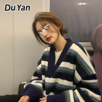 Du Yan เสื้อสเวตเตอร์แบบสวมหัวสำหรับผู้หญิง,เสื้อสเวตเตอร์ลายทางสีน้ำเงินฉบับภาษาเกาหลีเสื้อกันหนาวคอวี Ins