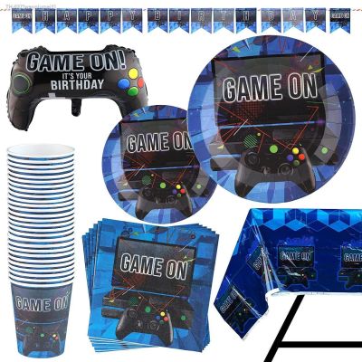 ○ New style Boys Game On Theme Cartoon Party Set Tableware Plate Napkins Banner Birthday Candy Box child Shower Party Decoration