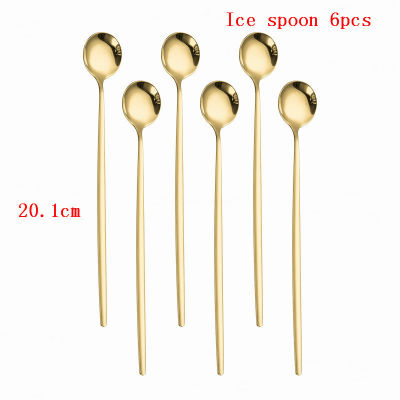 Gold Spoon Sets 6pcs Stainless Steel Round Tea Coffee Spoon for Ice Cream Dessert Long Handled Spoon Cutlery Kitchen Cutlery Set