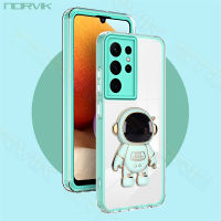 NORVIK เคสโทรศัพท์โปร่งใสสีเขียวสำหรับ Samsung Galaxy,A52 A24 S23 A54 A34 A52S A23 A73 A14 A13 S22 Plus Ultra LTE 4G 5G เลนส์กันกระแทกเต็มรูปแบบเคสใสน่ารักพร้อม N9-1ขาตั้งพับเก็บได้นักบินอวกาศ