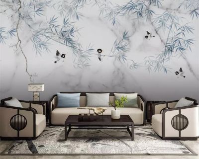 【CW】 Custom wallpaper murals Chinese modern marble bamboo flowers and birds background wall painting 3d