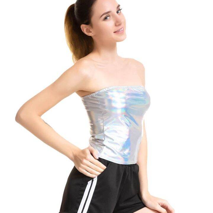Women Sexy Tube Top Shiny Metallic Crop Top Dance Costume Bra Top