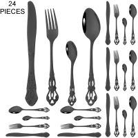 24Pcs Vintage Dinnerware Set Stainless Steel Cutlery Set Black Flatware Set Knife Fork Coffee Spoon Tableware Kitchen Silverware