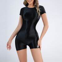 Women Nylon Bodysuit Short Sleeve Yoga Sports Glossy Swimwear Nightwear Jumpsuit Soild O Neck