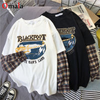 fashion Long Sleeve t-shirt Korean Simple oversized graphic tees Women shirts Leisure Plaid patchwork t shirt white black top