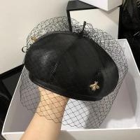 Autumn Winter PU Leather Beret Women Vintage Bee Mesh Veil Pumpkin Casual All-match Hat Female Beanie Cap Girls Gift