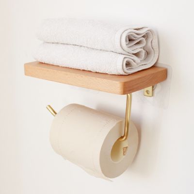 Toilet Paper Holder With Natural Wooden Shelf Tissue Roll Hanger Wall Mounted Paper Towel Bar 304 Stainless Steel Paper Rack