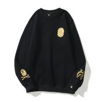 BAPE ชาย Hoodies ฤดูใบไม้ร่วงฤดูหนาวสีดำเย็บปักถักร้อยคอกลม Plus เสื้อกันหนาวกำมะหยี่เสื้อผ้าTH