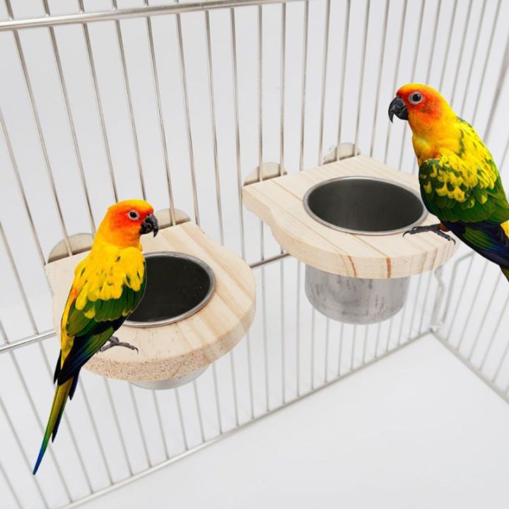 ถ้วยให้อาหารนกแขวน-parrot-cage-feeder-ชามน้ำสแตนเลสพร้อมขายึดไม้ธรรมชาติสำหรับ-lovebird-finch