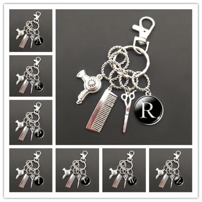 A-Z letter hair dryer key chain hairdresser gift comb scissors car key ring accessories jewelry gift hairdresser key chain Key Chains