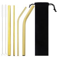 Gold 304 Stainless Steel Straw Eco Friendly Reusable Straw Metal Smoothies Drinking Straws Set with Brush and Black Bag Wholesal Specialty Glassware