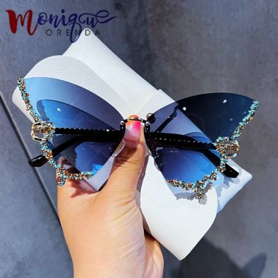 Luxury Diamond Butterfly Sunglasses Women Brand Y2k Vintage Rimless Oversized Sun Glasses Ladies Eyewear Gafas De Sol