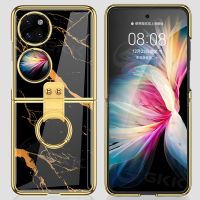 ✚☼☇ Luxury Painted Tempered Glass Case Cover For Huawei P50 Pocket 4G Ring Stand Plating Hard Phone Cover For Huawei P50 Pocket Case