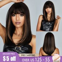 Long Black Brown Mixed Blonde Synthetic Wigs Natural Straight Hair Wig with Bangs for Women Afro Daily Cosplay Heat Resistant Wig  Hair Extensions Pad