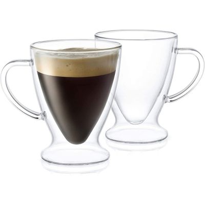 ถ้วยแก้วบอโรซิลิเกตทรงสูงทำด้วยมือฉนวน LZG34716ถ้วยกาแฟเอสเปรสโซแก้วสำหรับมื้อเช้ากาแฟใสใสถ้วยชาชั้นแขวนแก้วคู่ถ้วยเครื่องดื่มชา