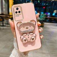 เคสสำหรับ Xiaomi F4 POCO F4 GT เคสโทรศัพท์มือถือลายหมีทรายเหลวน่ารักสวยขาตั้งหมุนได้กระจกกล่องโลหะชุบหรูหราซิลิโคนนิ่มปกป้องด้านหลัง