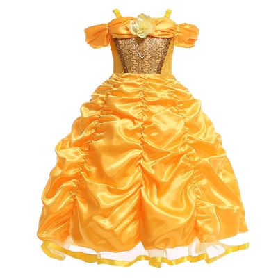 MUABABY Belle Costume Girls Beauty and the Beast Princess Dress up Children Shoulderless Layered Ball Gown for Halloween